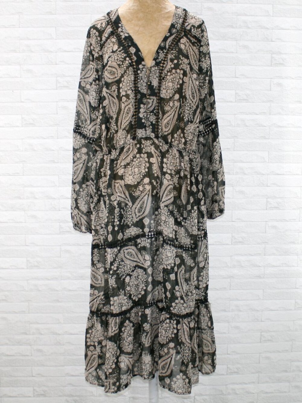 KNOX ROSE Dress Sheer Flowy Prairie Paisley Long Sleeve Maxi Black Plus Size XXL